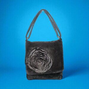 Vintage Banana Republic Black Suede Rosette Flap Handbag Y2K Evening Bag